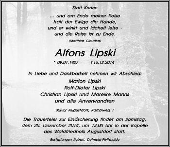 Anzeige  Alfons Lipski  Lippische Landes-Zeitung
