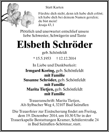 Anzeige  Elsbeth Schröder  Lippische Landes-Zeitung