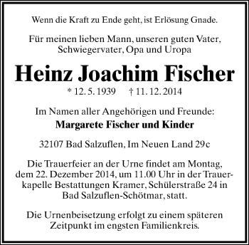 Anzeige  Heinz Joachim Fischer  Lippische Landes-Zeitung