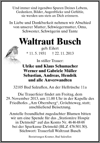 Anzeige  Waltraut Busch  Lippische Landes-Zeitung