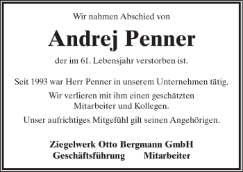 Anzeige  Andrej Penner  Lippische Landes-Zeitung
