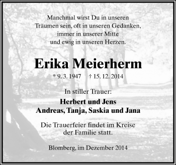 Anzeige  Erika Meierherm  Lippische Landes-Zeitung