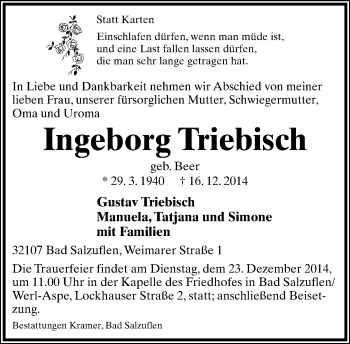Anzeige  Ingeborg Triebisch  Lippische Landes-Zeitung