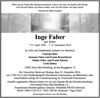 Anzeige  Inge Faber  Lippische Landes-Zeitung