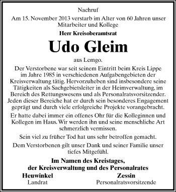 Anzeige  Udo Gleim  Lippische Landes-Zeitung