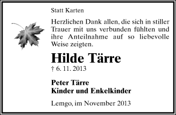 Anzeige  Hilde Tärre  Lippische Landes-Zeitung