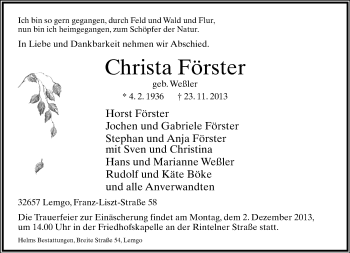 Anzeige  Christa Förster  Lippische Landes-Zeitung