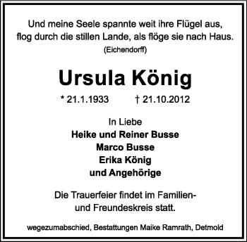 Anzeige  Ursula König  Lippische Landes-Zeitung