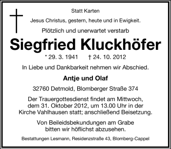Anzeige  Siegfried Kluckhöfer  Lippische Landes-Zeitung