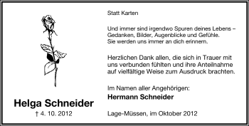 Anzeige  Helga Schneider  Lippische Landes-Zeitung