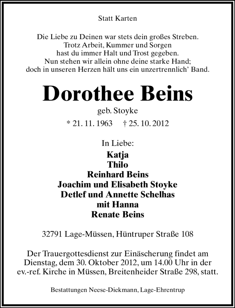  Traueranzeige für Dorothee Beins vom 27.10.2012 aus Lippische Landes-Zeitung