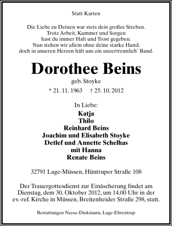 Anzeige  Dorothee Beins  Lippische Landes-Zeitung