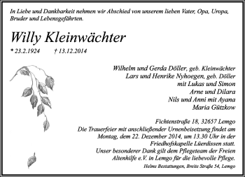 Anzeige  Willy Kleinwächter  Lippische Landes-Zeitung