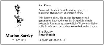 Anzeige  Marion Satzky  Lippische Landes-Zeitung