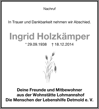 Anzeige  Ingrid Holzkämper  Lippische Landes-Zeitung