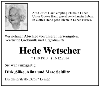 Anzeige  Hede Welscher  Lippische Landes-Zeitung