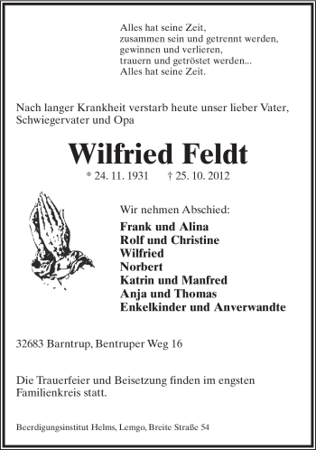 Anzeige  Wilfried Feldt  Lippische Landes-Zeitung