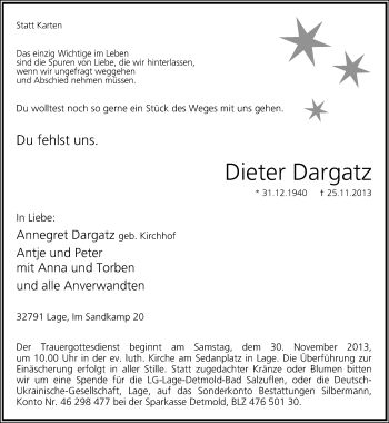 Anzeige  Dieter Dragatz  Lippische Landes-Zeitung