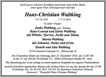 Anzeige  Hans-Christian Waltking  Lippische Landes-Zeitung