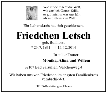 Anzeige  Friedchen Letsch  Lippische Landes-Zeitung