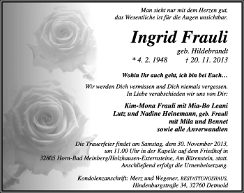 Anzeige  Ingrid Frauli  Lippische Landes-Zeitung