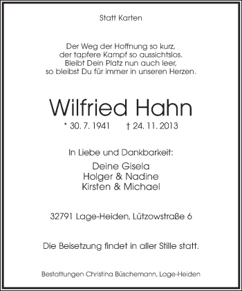 Anzeige  Wilfried Hahn  Lippische Landes-Zeitung