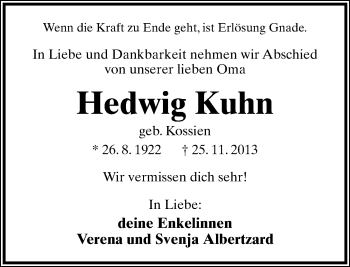 Anzeige  Hedwig Kuhn  Lippische Landes-Zeitung