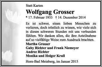 Anzeige  Wolfgang Grosser  Lippische Landes-Zeitung