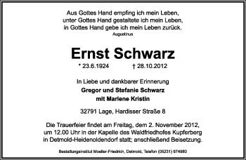 Anzeige  Ernst Schwarz  Lippische Landes-Zeitung