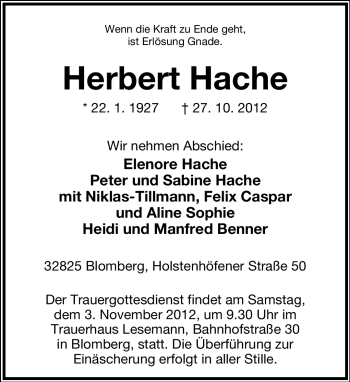 Anzeige  Herbert Hache  Lippische Landes-Zeitung
