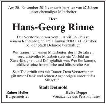 Anzeige  Hans-Georg Rinne  Lippische Landes-Zeitung