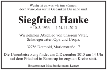 Anzeige  Siegfried Hanke  Lippische Landes-Zeitung