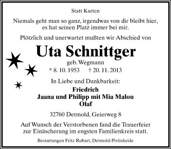 Anzeige  Uta Schnittger  Lippische Landes-Zeitung