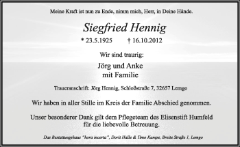 Anzeige  Siegfried Hennig  Lippische Landes-Zeitung