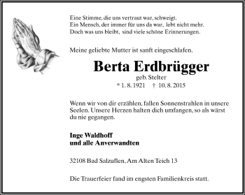 Anzeige  Berta Erdbrügger  Lippische Landes-Zeitung