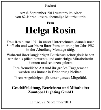 Anzeige  Helga Rosin  Lippische Landes-Zeitung