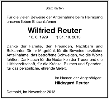 Anzeige  Wilfried Reuter  Lippische Landes-Zeitung