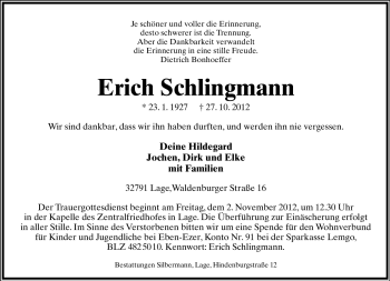Anzeige  Erich Schlingmann  Lippische Landes-Zeitung