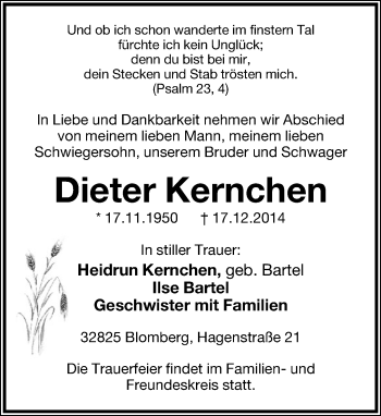 Anzeige  Dieter Kernchen  Lippische Landes-Zeitung