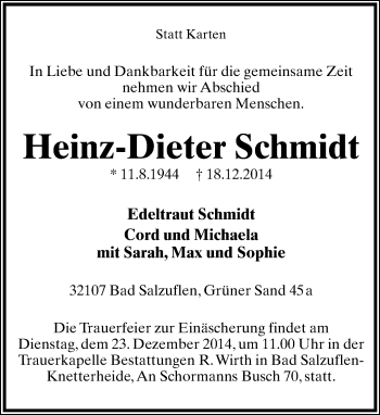 Anzeige  Heinz-Dieter Schmidt  Lippische Landes-Zeitung
