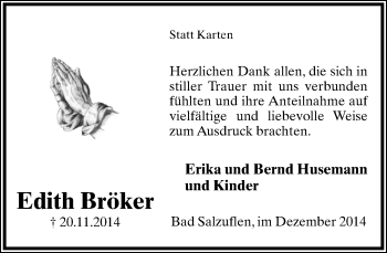 Anzeige  Edith Bröker  Lippische Landes-Zeitung