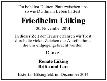 Anzeige  Friedhelm Lüdeking  Lippische Landes-Zeitung