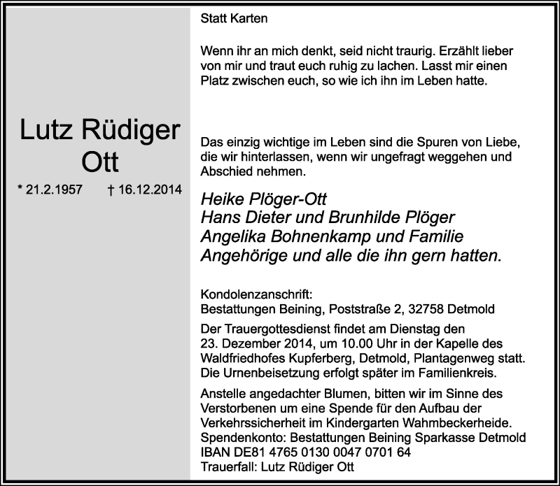  Traueranzeige für Lutz Rüdiger  Ott vom 20.12.2014 aus Lippische Landes-Zeitung