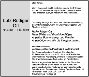 Anzeige  Lutz Rüdiger  Ott  Lippische Landes-Zeitung