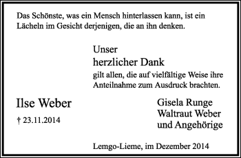Anzeige  Ilse Weber  Lippische Landes-Zeitung