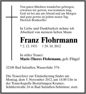 Anzeige  Franz Flohrmann  Lippische Landes-Zeitung