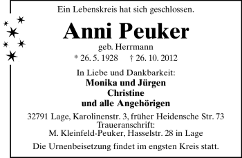 Anzeige  Anni Peuker  Lippische Landes-Zeitung