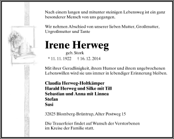 Anzeige  Irene Herweg  Lippische Landes-Zeitung