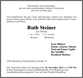 Anzeige  Ruth Steiner  Lippische Landes-Zeitung