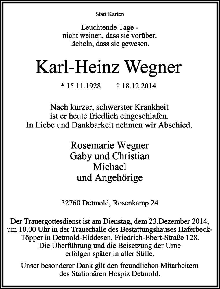 Traueranzeige für Karl-Heinz Wegner vom 20.12.2014 aus Lippische Landes-Zeitung